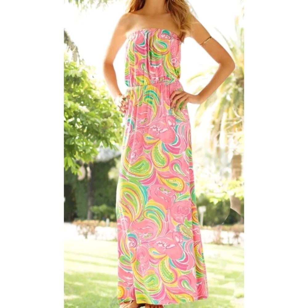 Lilly Pulitzer Marlisa All Nighter Print Slub Jersey Strapless Maxi Dress sz S